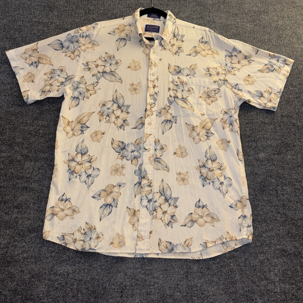 Pendleton Hawaiian Shirt Mens Large Cream Floral Aloha Tropical Summer Beachwear